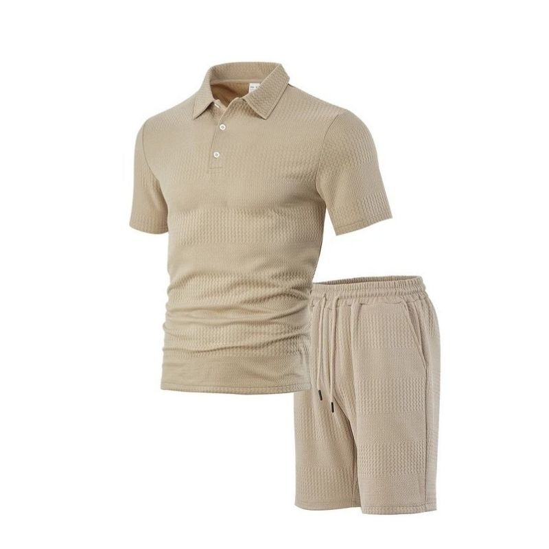 Mens Knitted Polo and Shorts Set, Vintage Casual Two Piece Outfits, Short Sleeve Textured Tracksuit