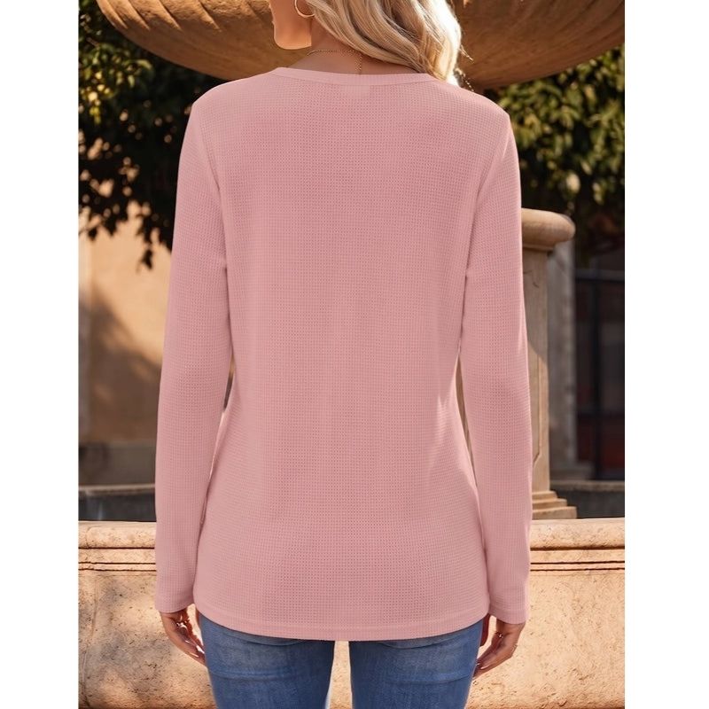 Womens Long Sleeve Waffle Knit Shirts, Dressy Casual Loose Button Up V Neck Tops, Fall Basic Tee Blouse