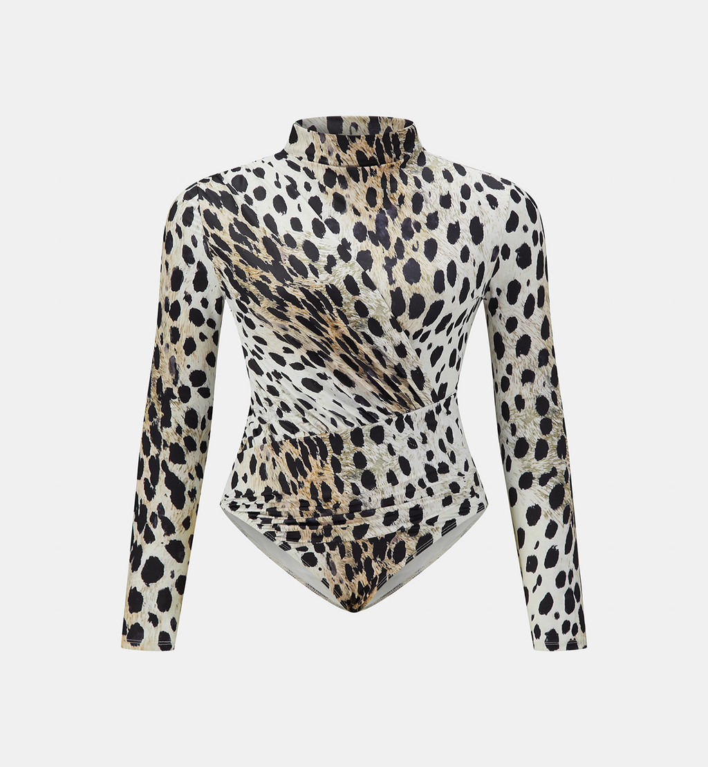 Funnel Neck Jersey Top with Leopard Print and Medium Stretch