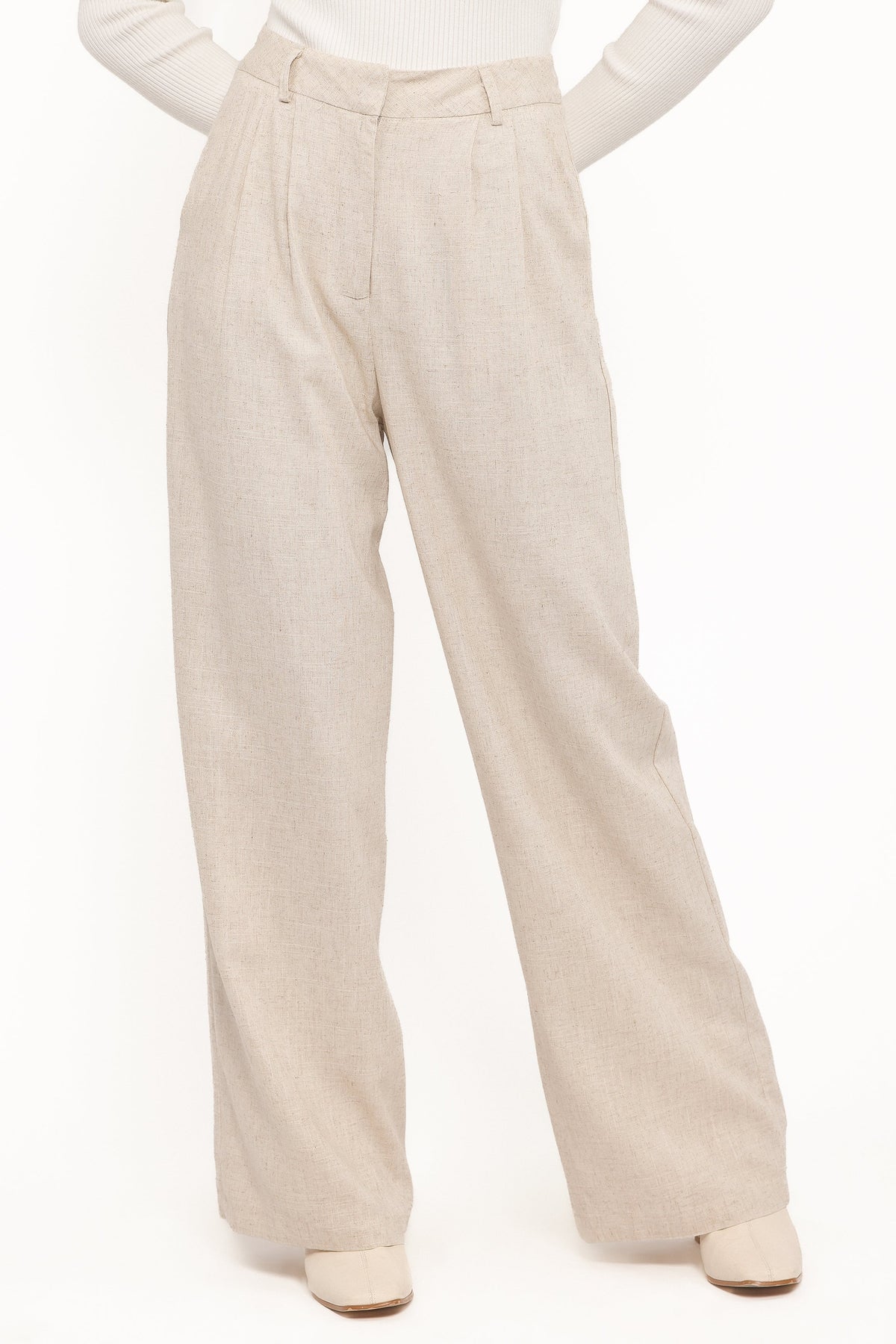 Womens Beige Linen Pants, High-Rise Pleated Design