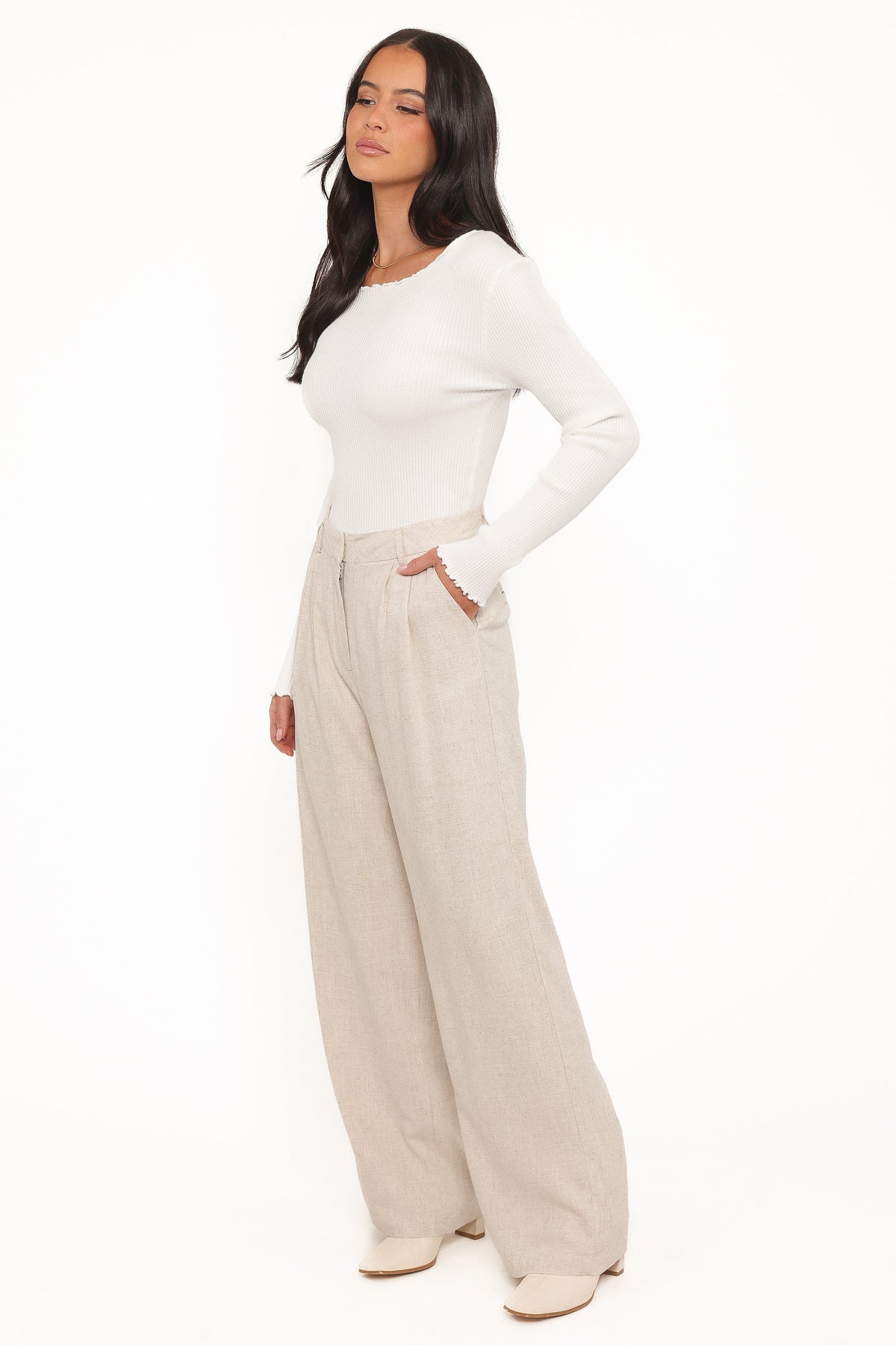 Womens Beige Linen Pants, High-Rise Pleated Design