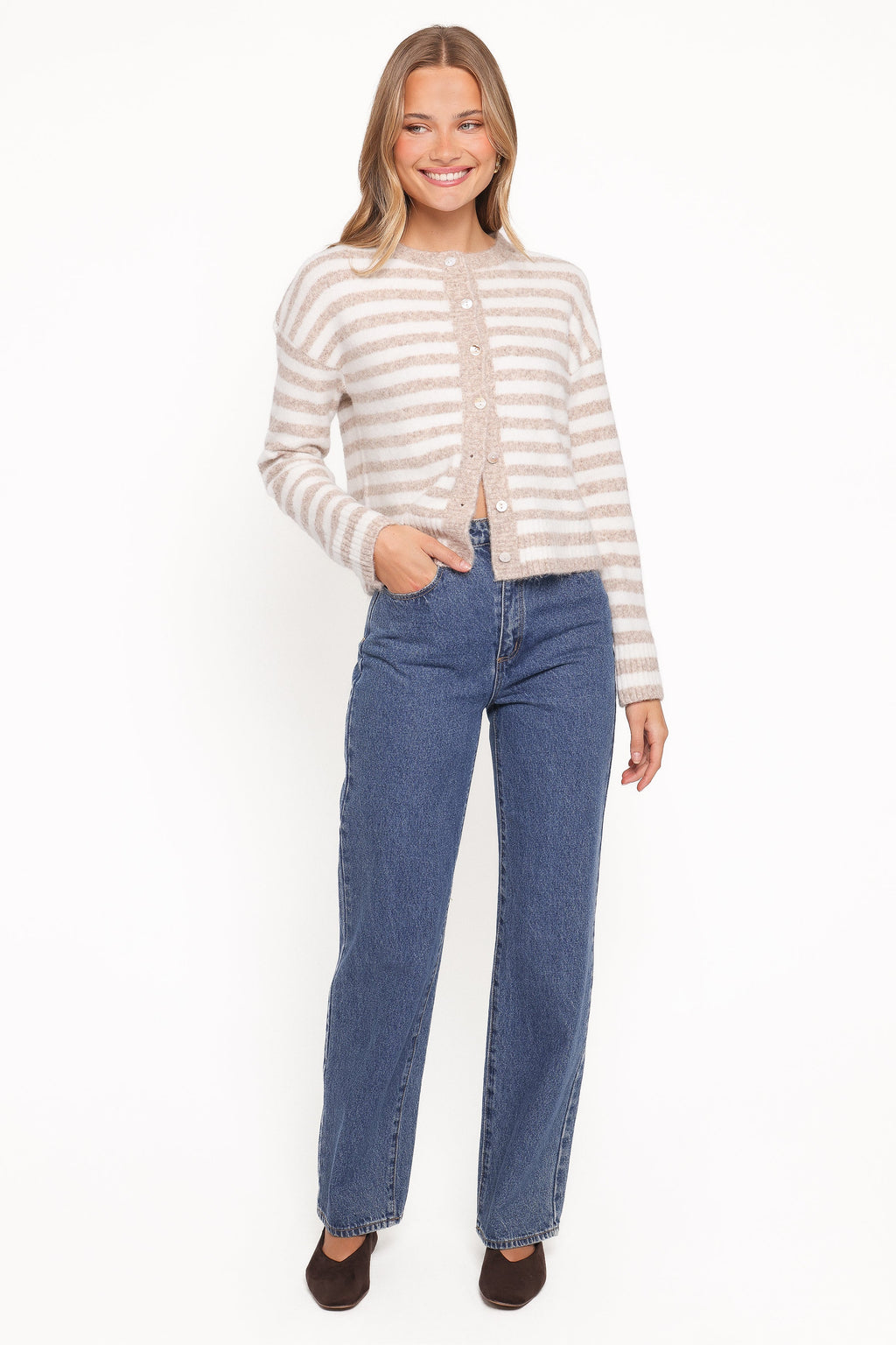 Womens Beige Striped Cardigan, High Neck Long Sleeve