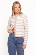 Womens Beige Striped Cardigan, High Neck Long Sleeve