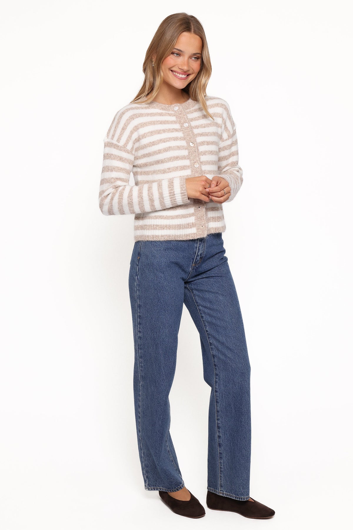 Womens Beige Striped Cardigan, High Neck Long Sleeve