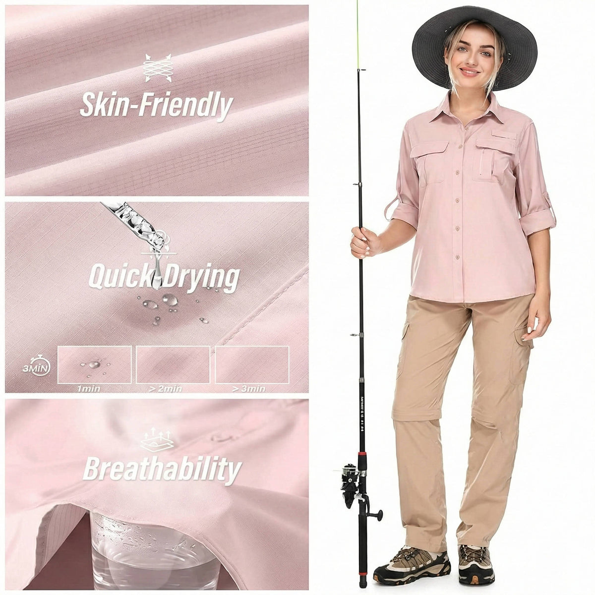 Womens UPF 50 Long Sleeve Shirt with Convertible Sleeves and Mesh Back, Hiking Fishing