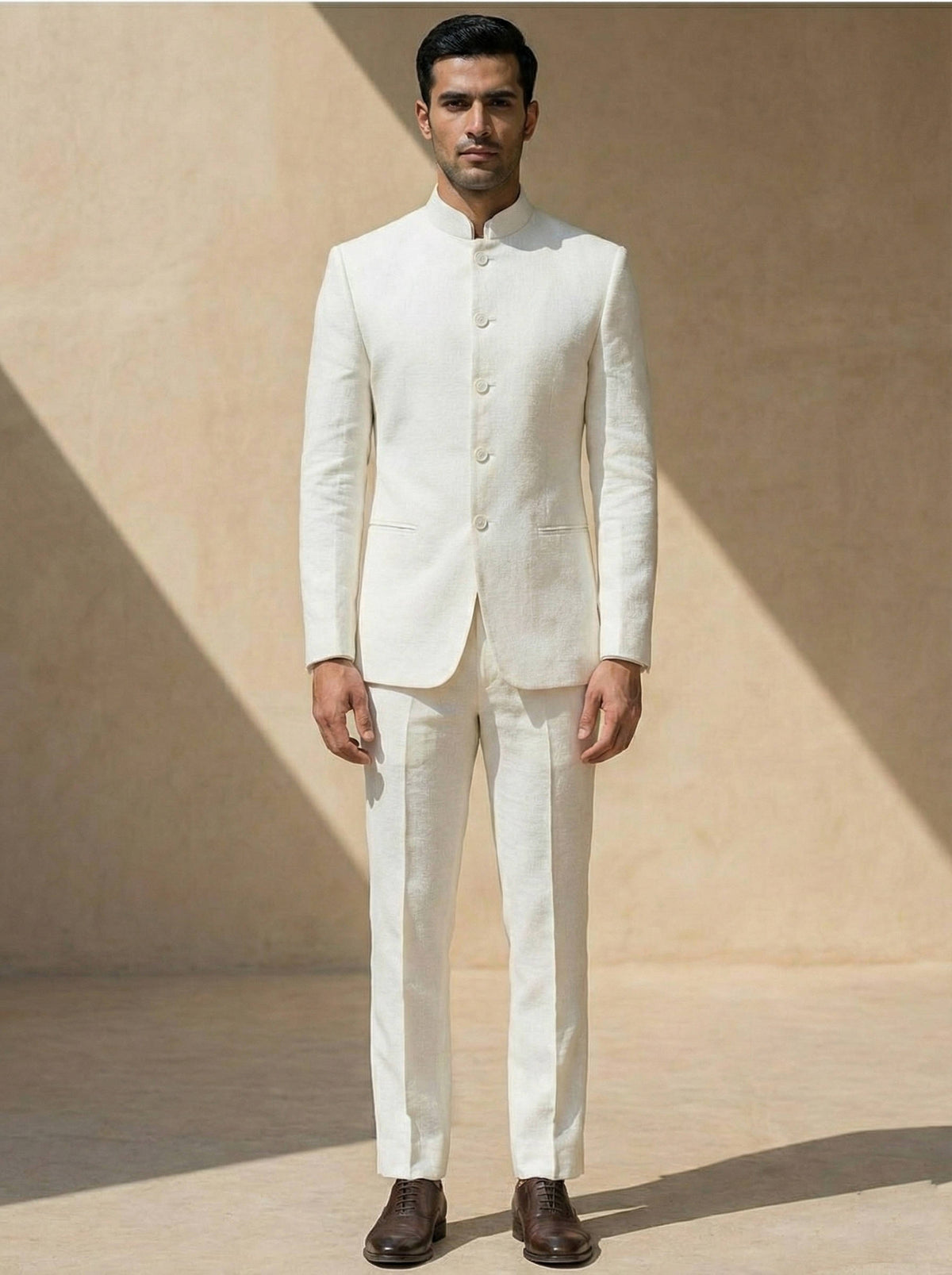 Mens Slim Fit Formal Suit with High Nehru Collar and Polyester Viscose Blend