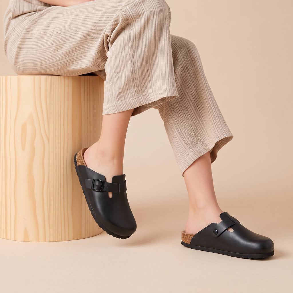 Womens Vegan Suede Clogs, Cork Footbed Slip on Shoes, Comfortable Casual Potato Shoes