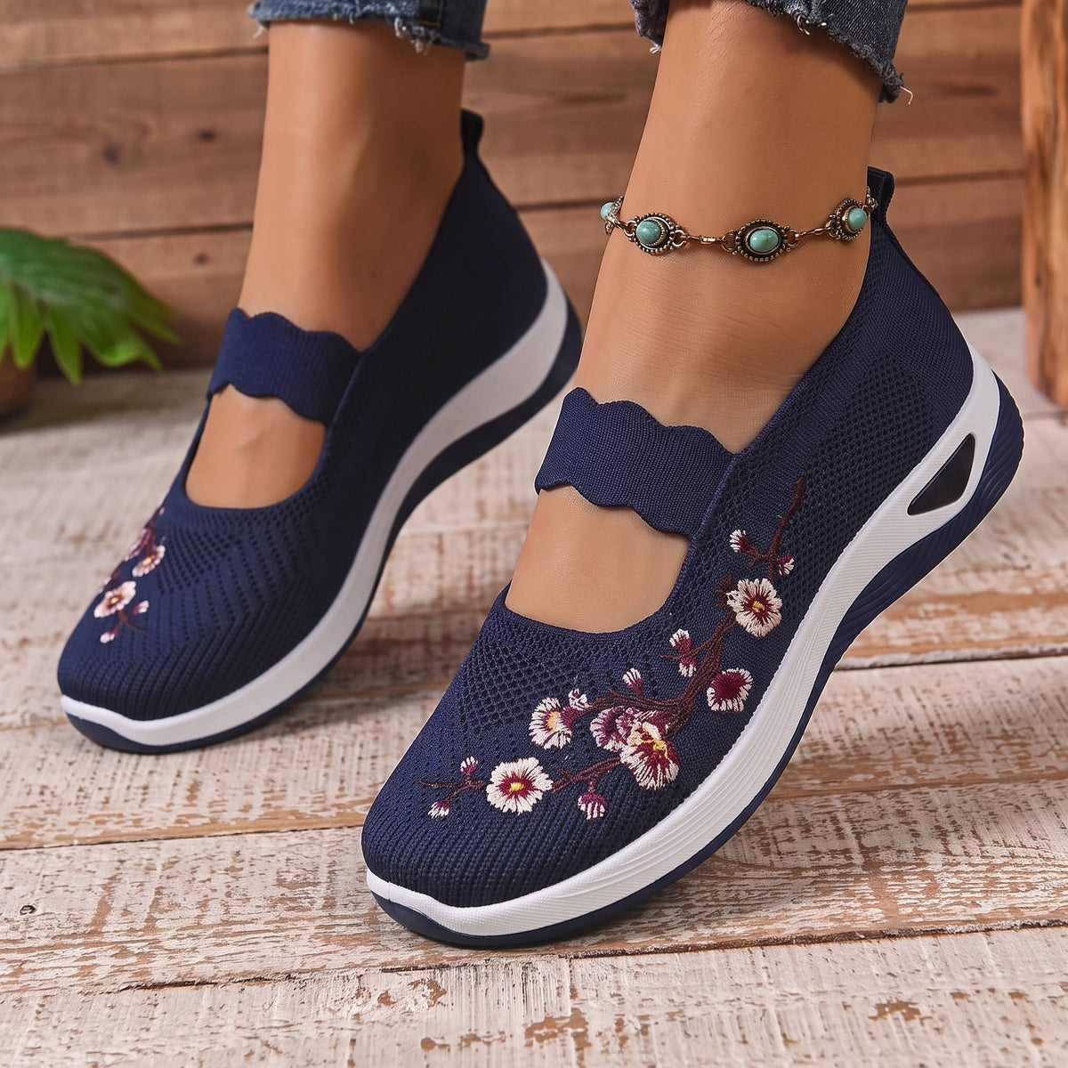 Womens Mary Jane Sneakers, Floral Embroidered Mesh Shoes, Slip on Elastic Strap Comfort Flats