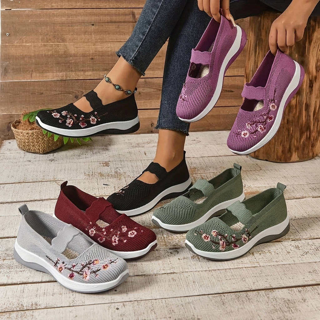 Womens Mary Jane Sneakers, Floral Embroidered Mesh Shoes, Slip on Elastic Strap Comfort Flats