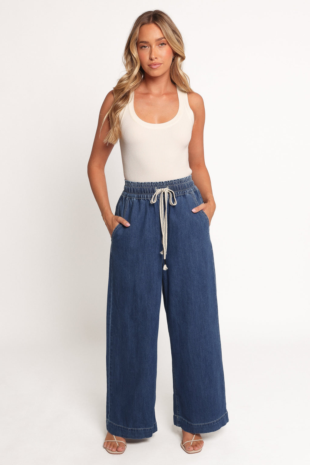 Womens Denim Wide Leg Pants, High-Waisted Elastic Waist