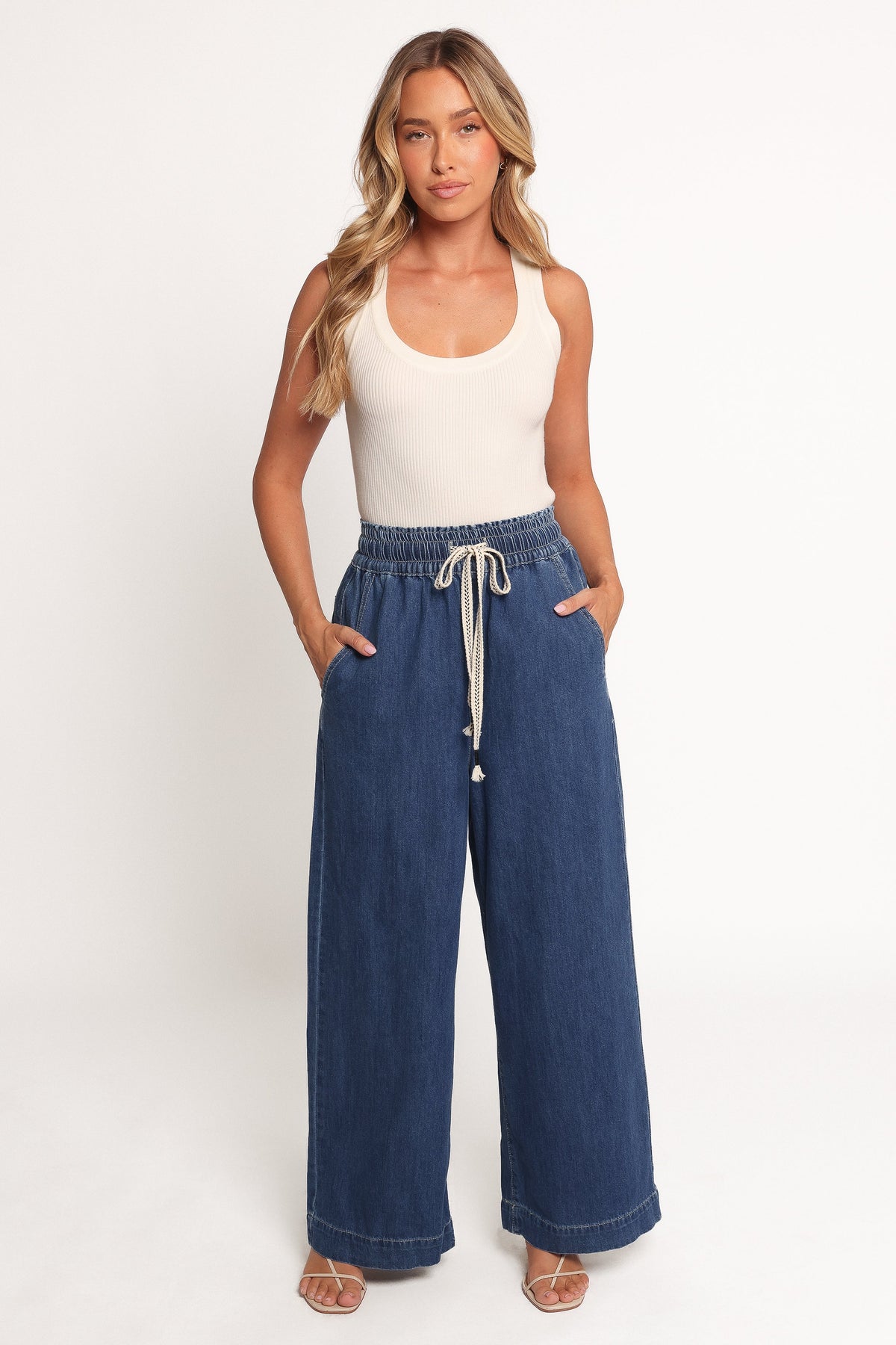 Womens Denim Wide Leg Pants, High-Waisted Elastic Waist