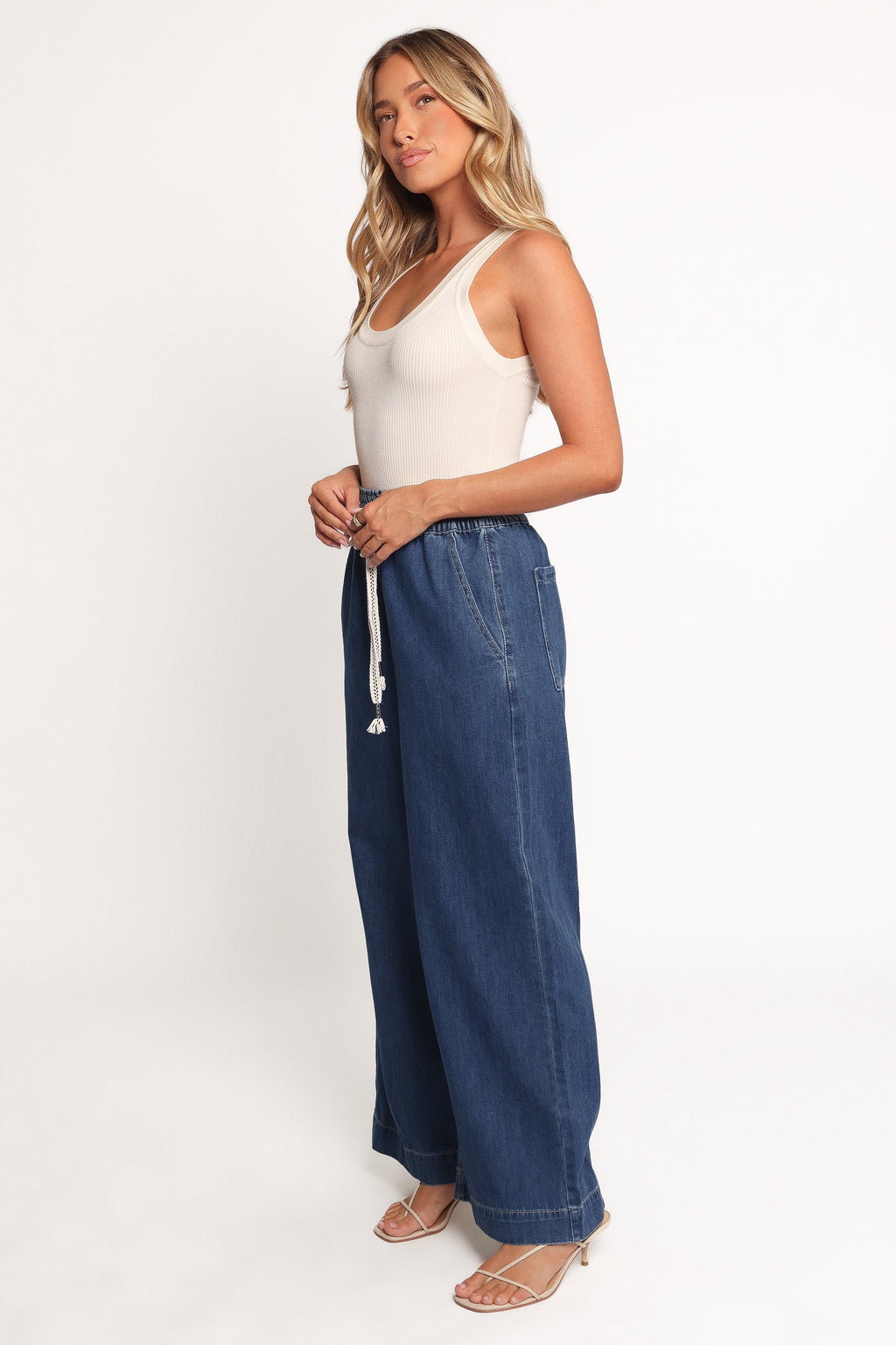 Womens Denim Wide Leg Pants, High-Waisted Elastic Waist