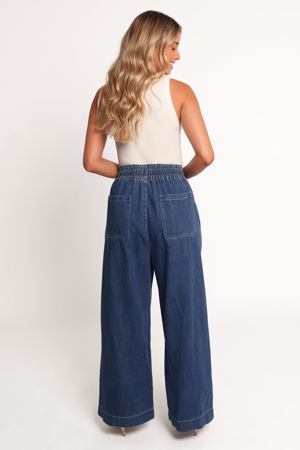 Womens Denim Wide Leg Pants, High-Waisted Elastic Waist