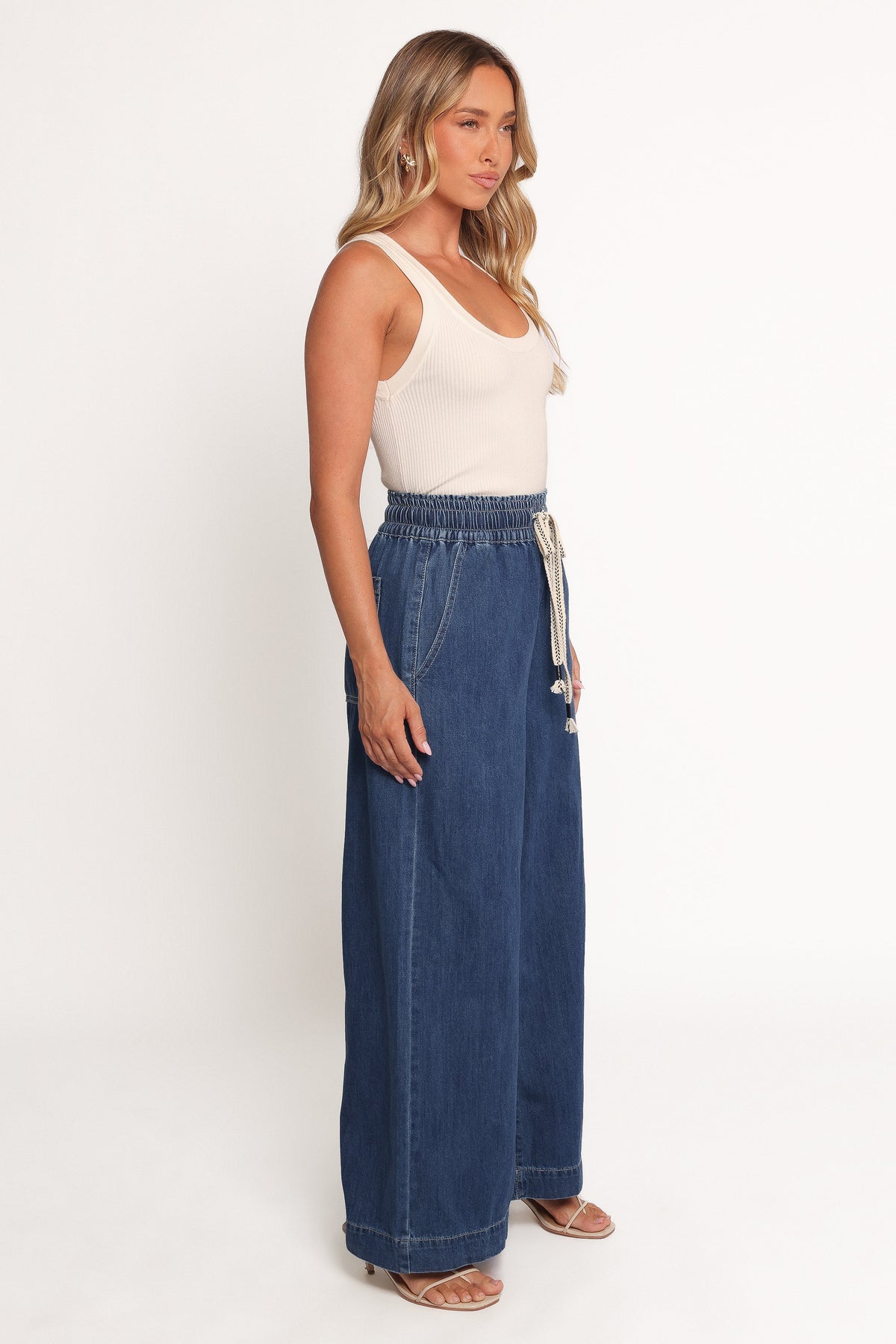 Womens Denim Wide Leg Pants, High-Waisted Elastic Waist