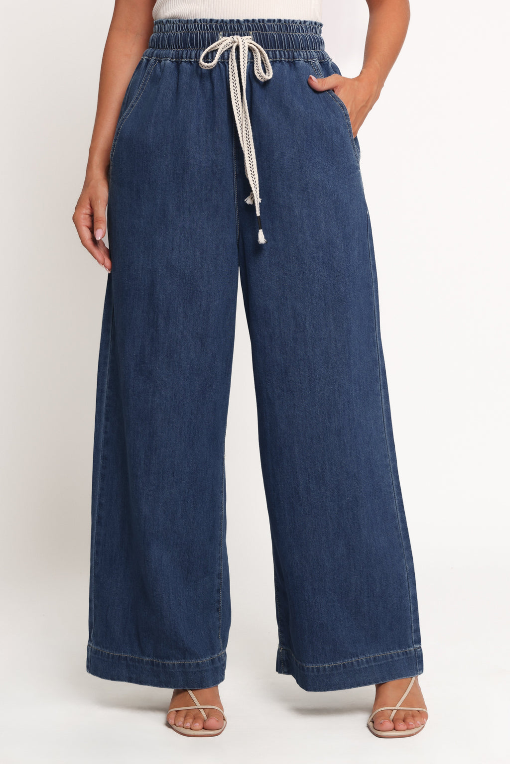 Womens Denim Wide Leg Pants, High-Waisted Elastic Waist