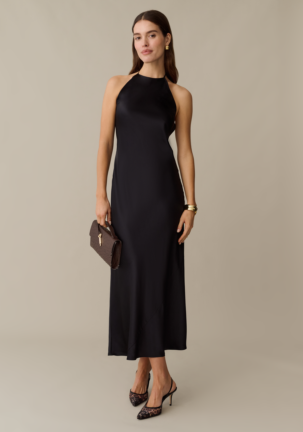 Womens Silk Maxi Dress with Halterneck Tie & Open Back, Elegant