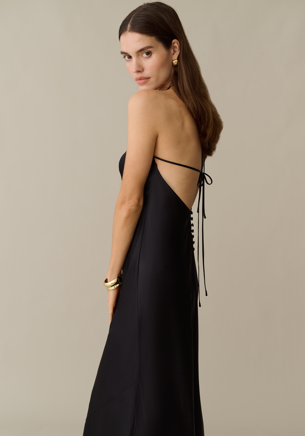 Womens Silk Maxi Dress with Halterneck Tie & Open Back, Elegant