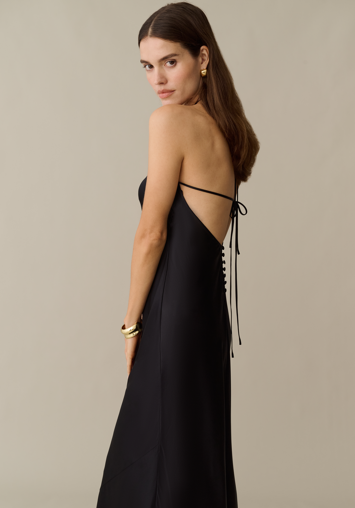 Womens Silk Maxi Dress with Halterneck Tie & Open Back, Elegant
