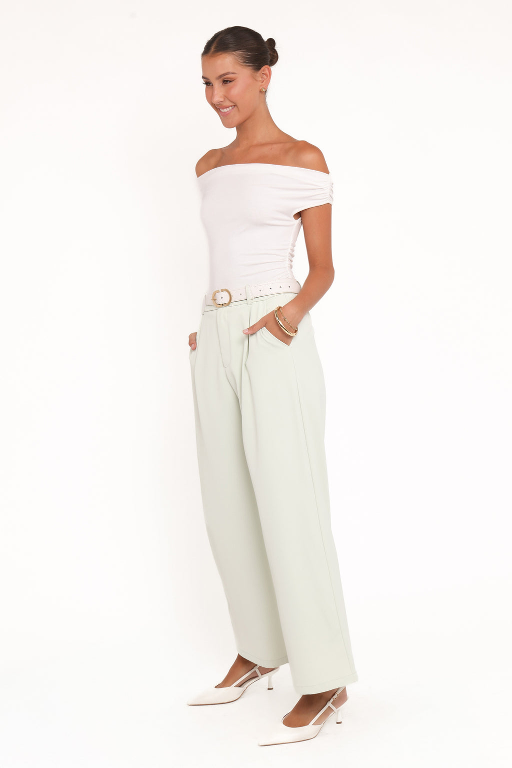 Womens Sage Green Wide Leg Pants, High-Rise Front Pleat