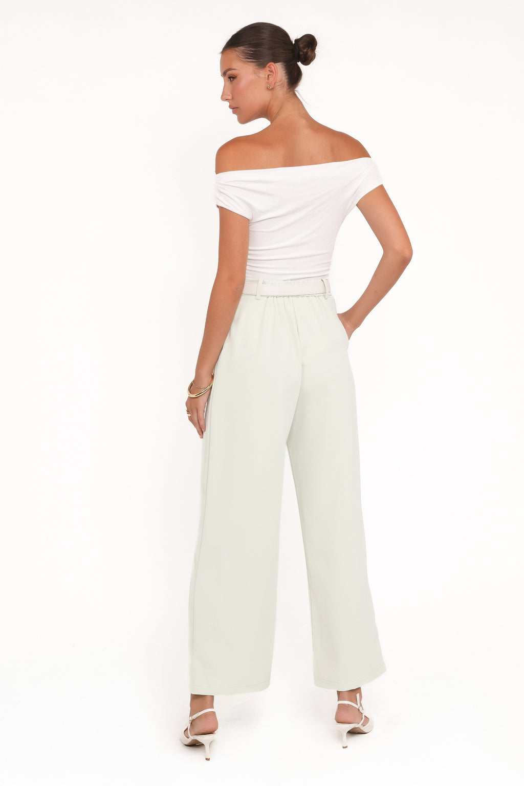 Womens Sage Green Wide Leg Pants, High-Rise Front Pleat