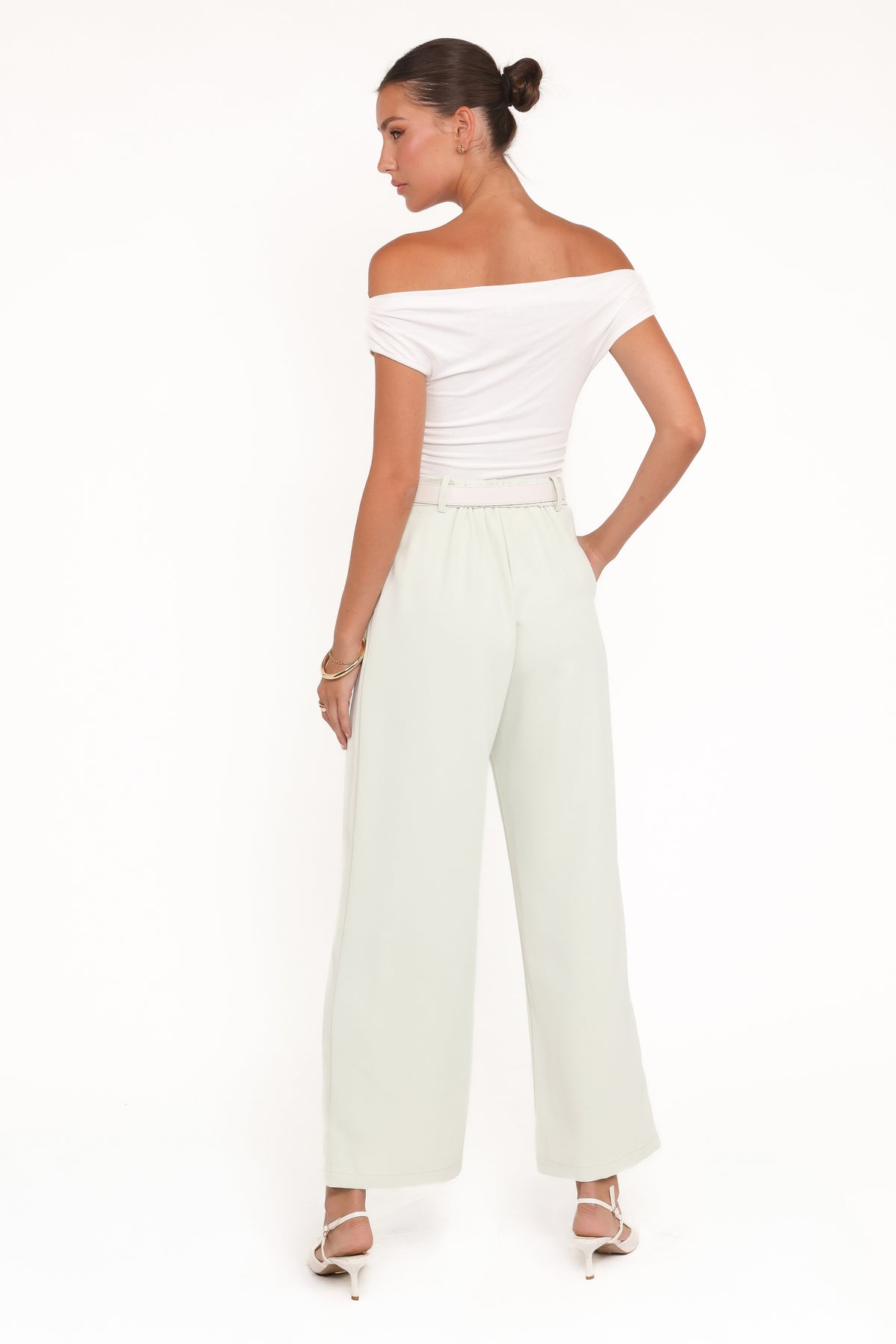 Womens Sage Green Wide Leg Pants, High-Rise Front Pleat