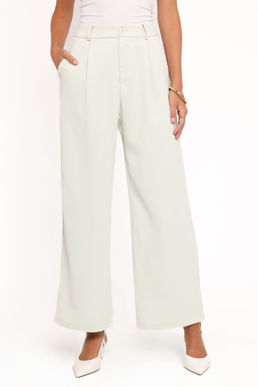 Womens Sage Green Wide Leg Pants, High-Rise Front Pleat
