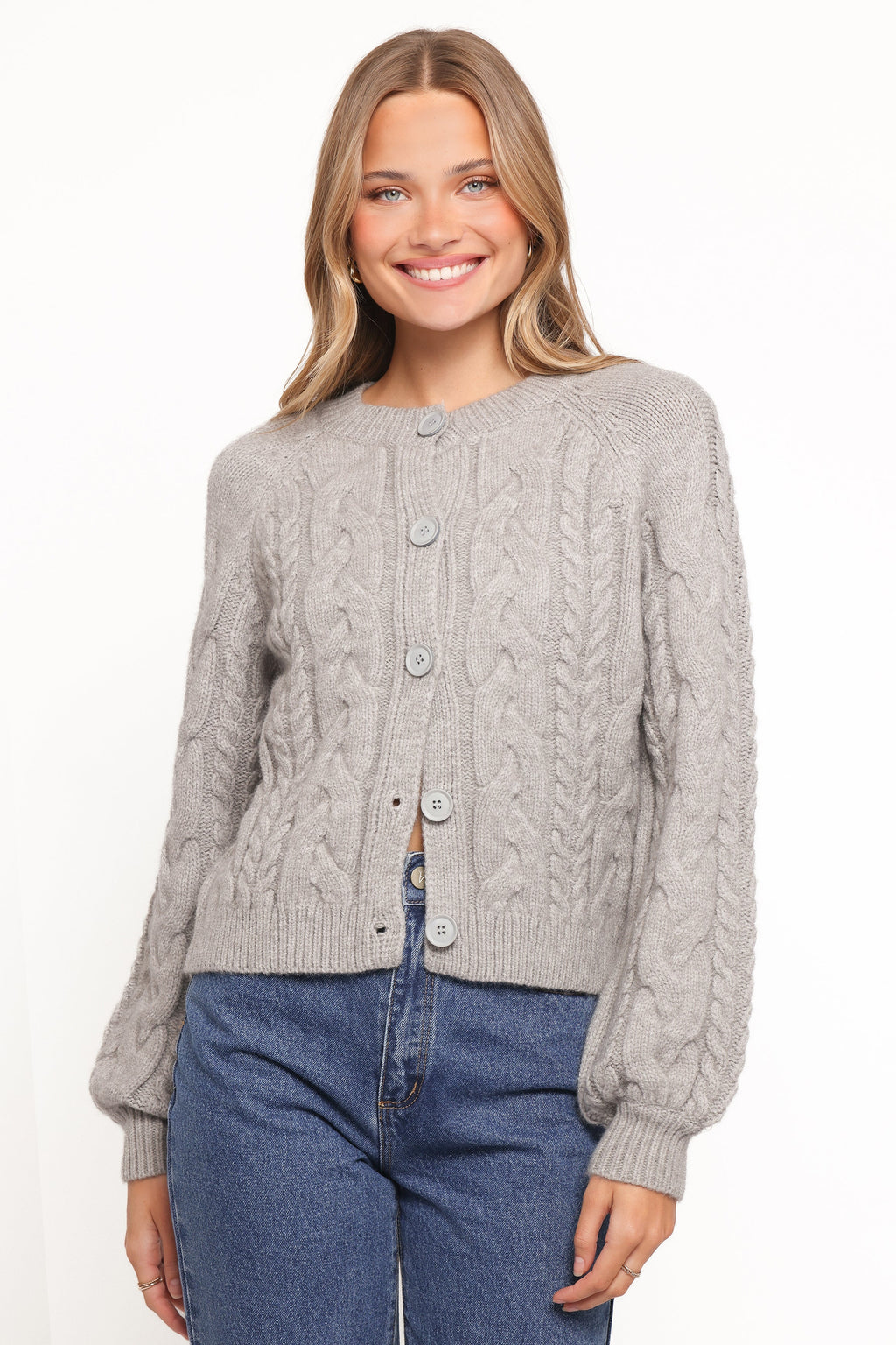 Womens Gray Cable Knit Cardigan, Cropped Long Sleeve