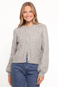 Womens Gray Cable Knit Cardigan, Cropped Long Sleeve