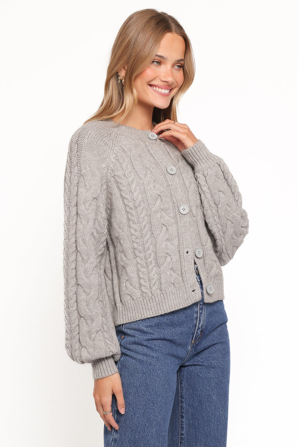 Womens Gray Cable Knit Cardigan, Cropped Long Sleeve
