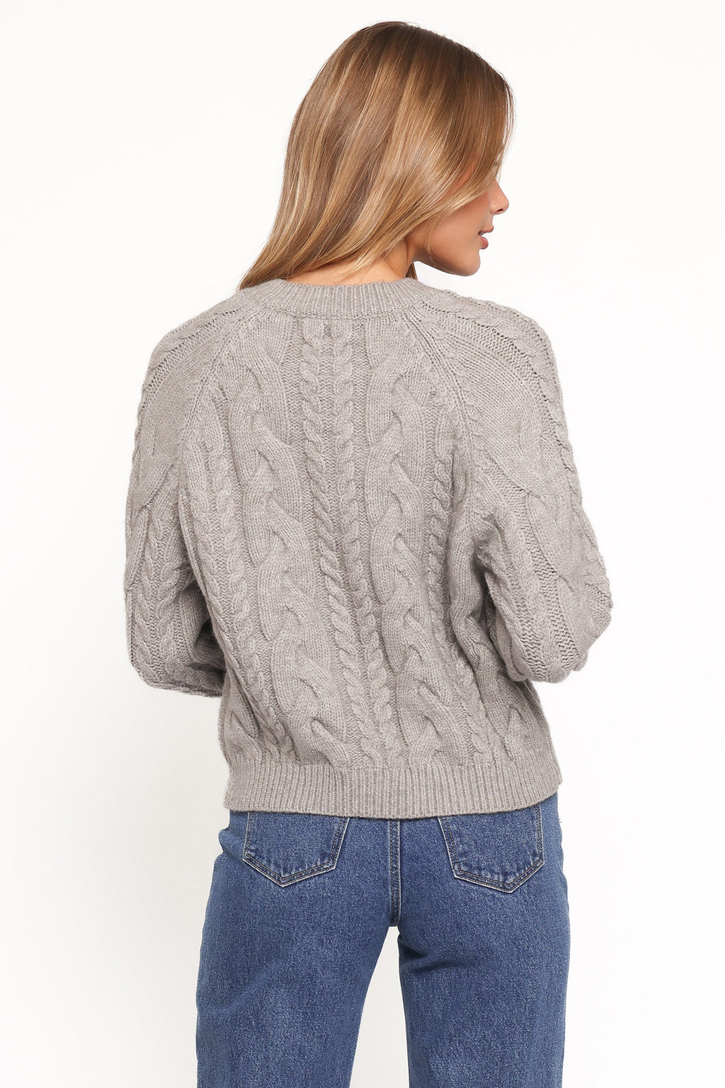 Womens Gray Cable Knit Cardigan, Cropped Long Sleeve