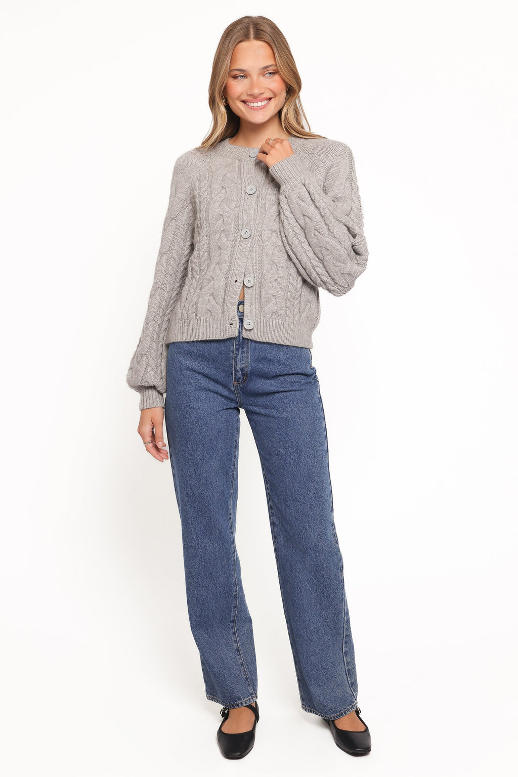 Womens Gray Cable Knit Cardigan, Cropped Long Sleeve