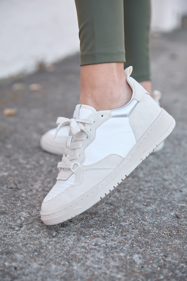 Womens Beige Sneakers, Lace-Up Faux Leather