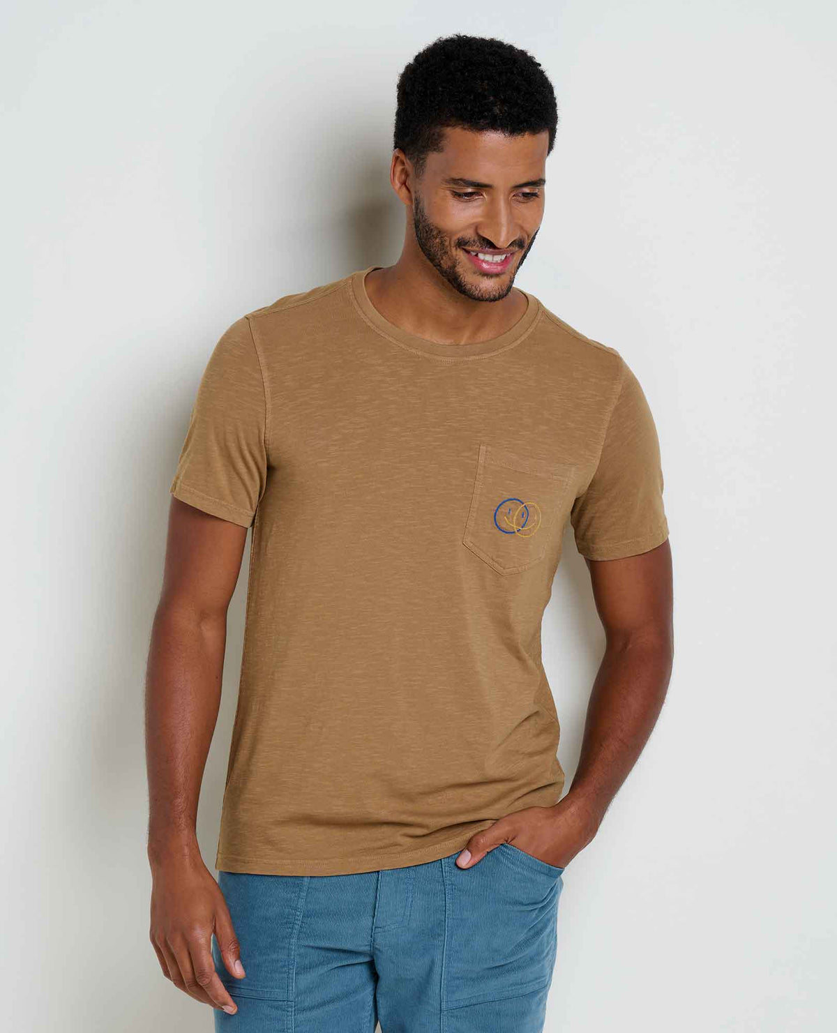Mens Embroidered Crew T-Shirt Garment-Dyed, Soft Cotton