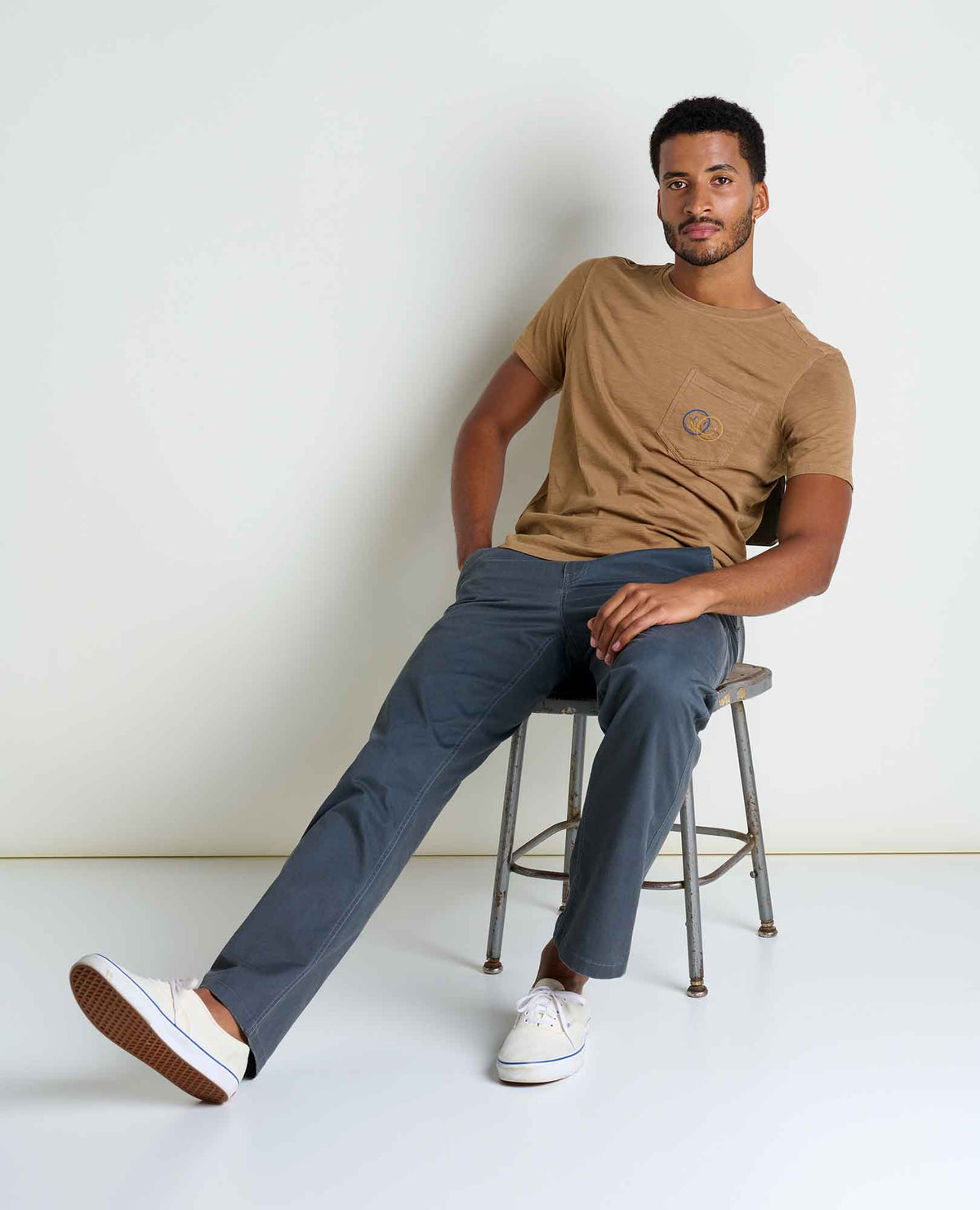 Mens Embroidered Crew T-Shirt Garment-Dyed, Soft Cotton