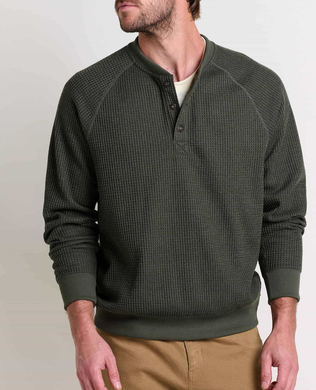 Mens Midweight Henley Shirt Waffle Knit, Breathable