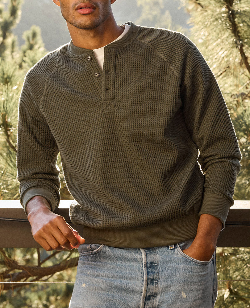 Mens Midweight Henley Shirt Waffle Knit, Breathable