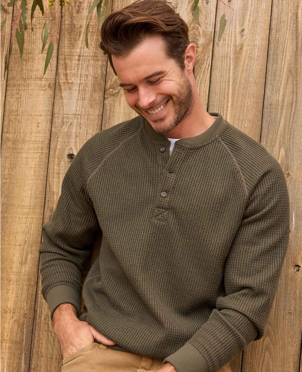 Mens Midweight Henley Shirt Waffle Knit, Breathable