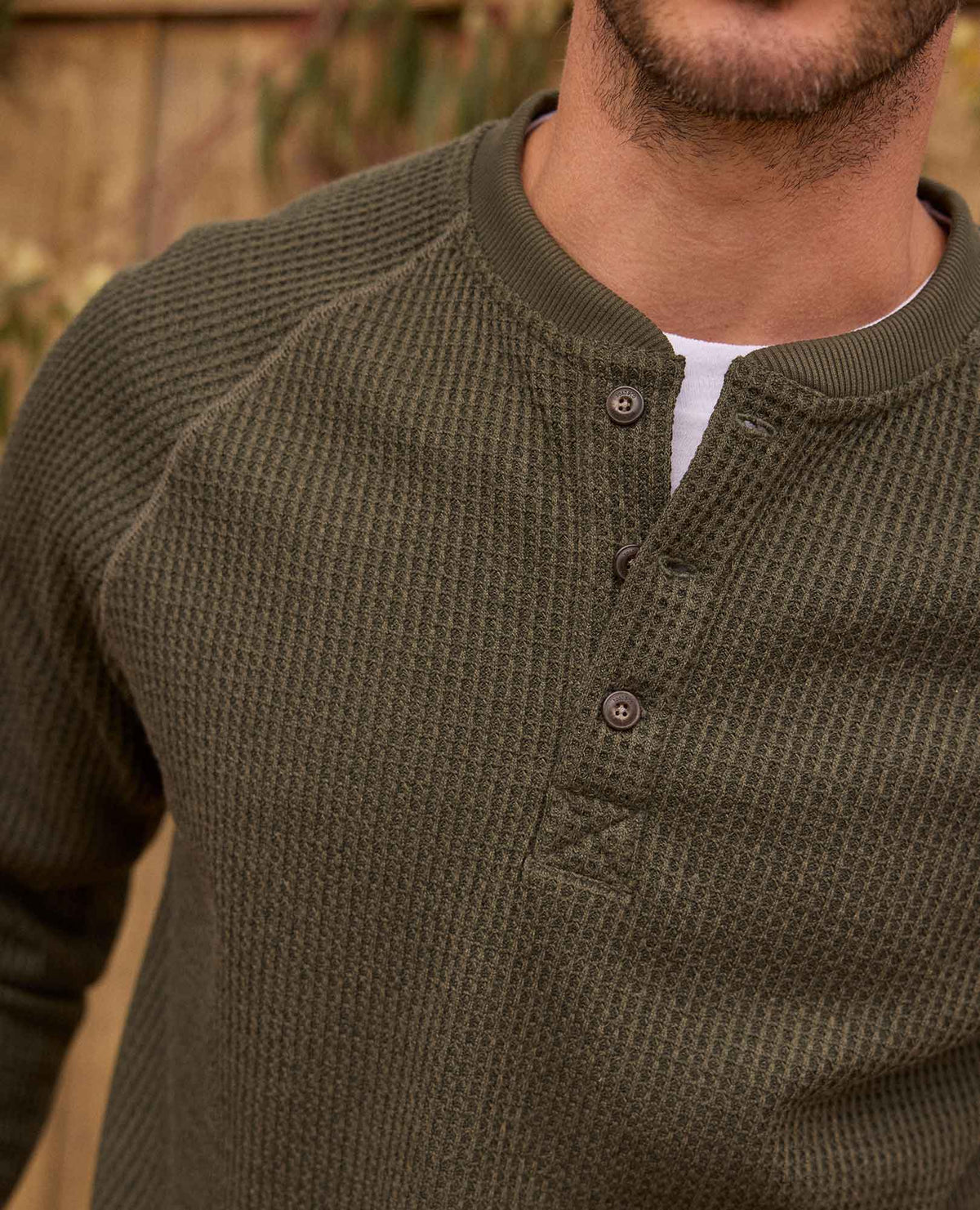 Mens Midweight Henley Shirt Waffle Knit, Breathable