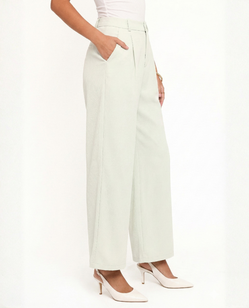 Womens Sage Green Wide Leg Pants, High-Rise Front Pleat