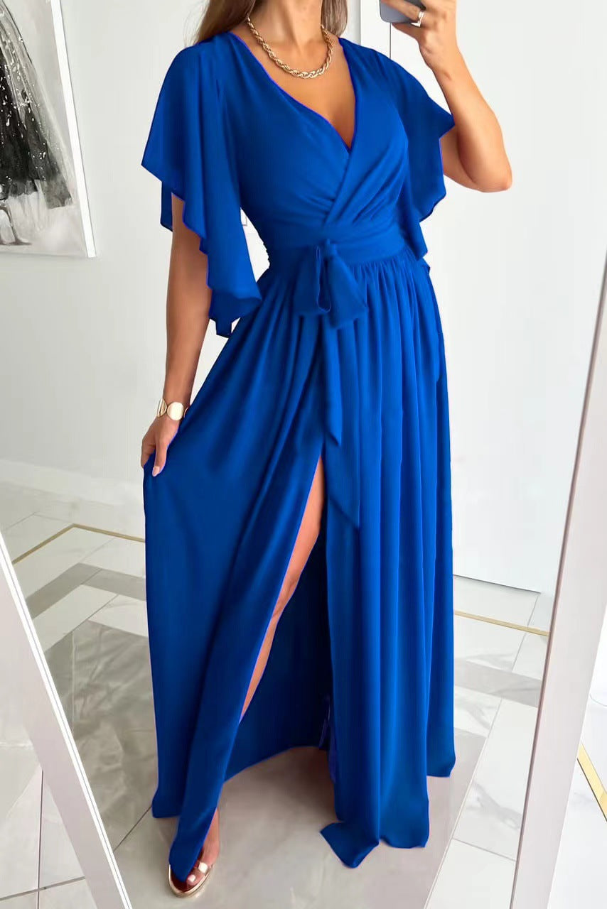 Wrap Maxi Dress with Flutter Sleeves for Bridesmaid and Formal Events
