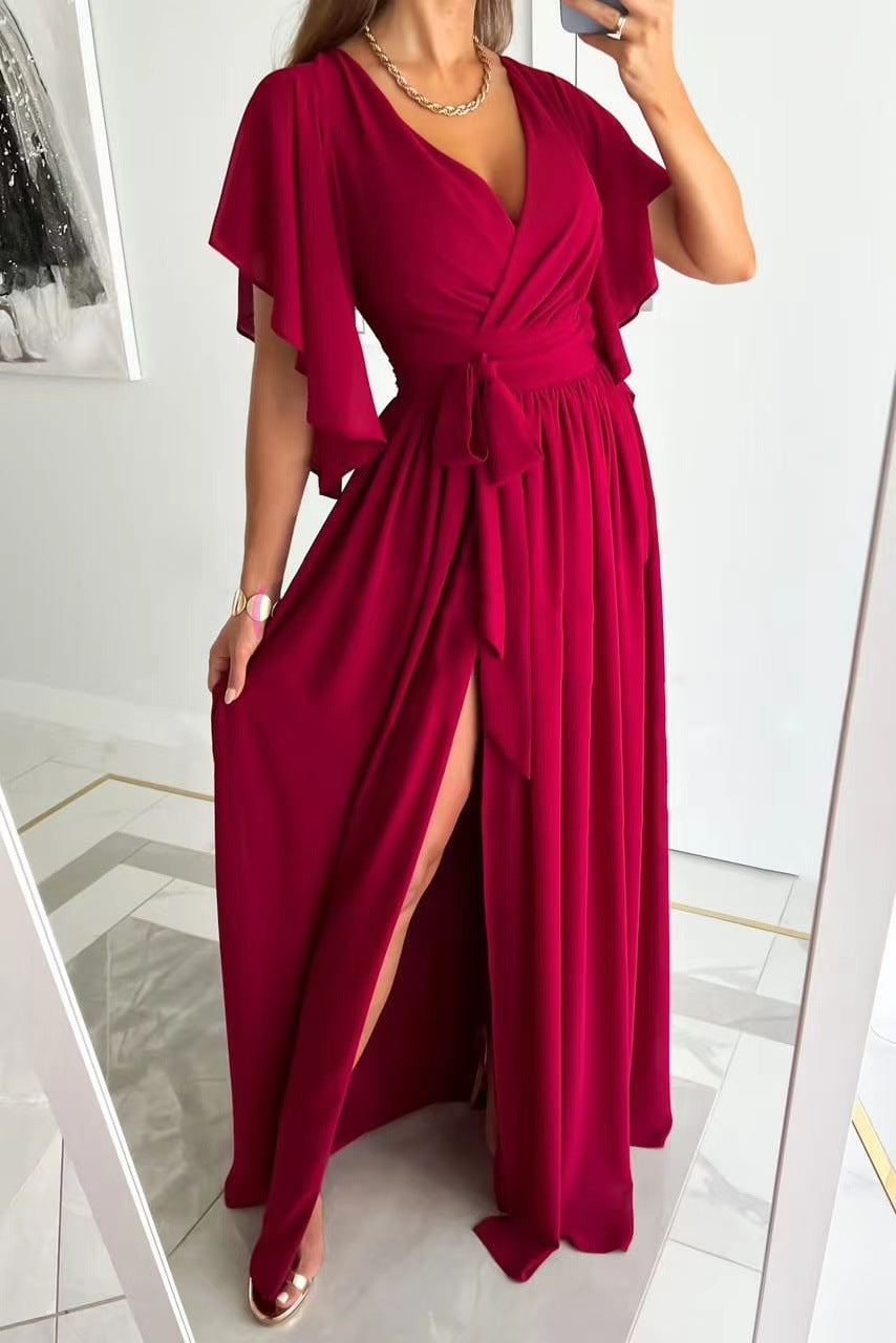 Wrap Maxi Dress with Flutter Sleeves for Bridesmaid and Formal Events