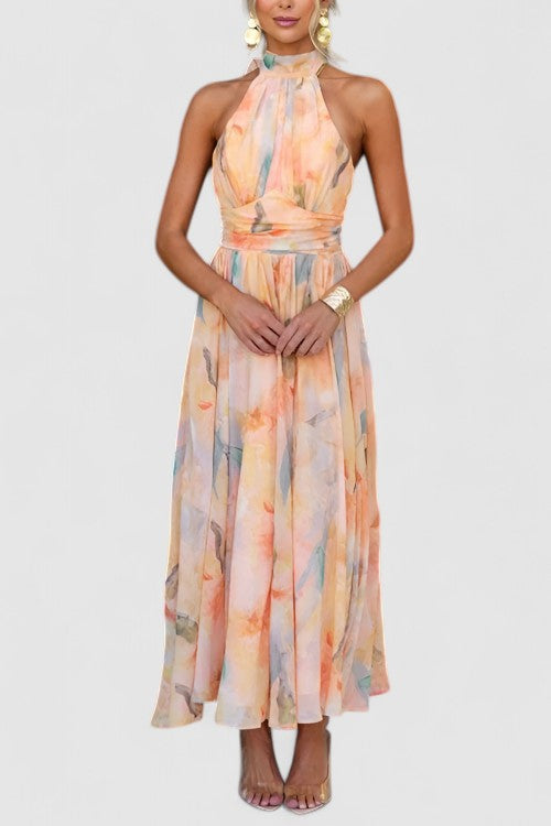 Floral Halter Maxi Dress for Women with Full Length Skirt and Summer Weight Fabric