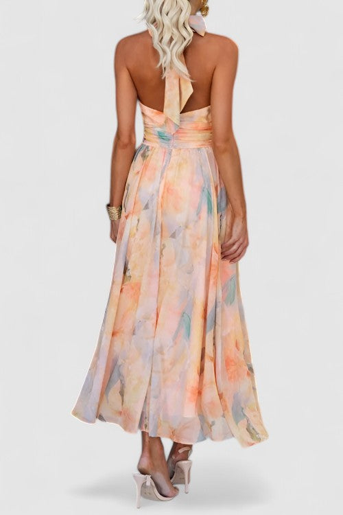 Floral Halter Maxi Dress for Women with Full Length Skirt and Summer Weight Fabric