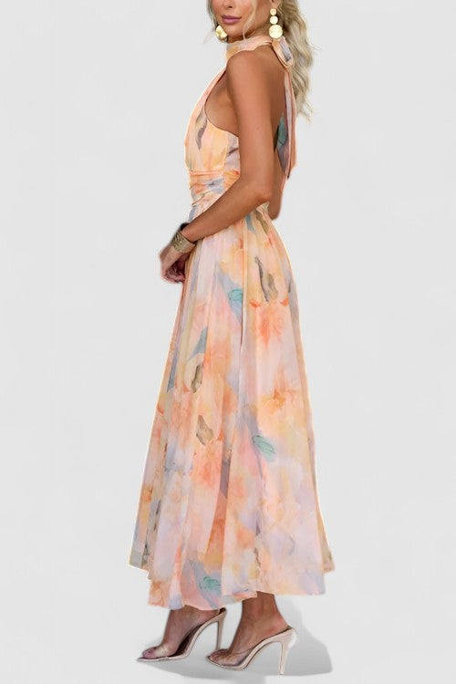 Floral Halter Maxi Dress for Women with Full Length Skirt and Summer Weight Fabric