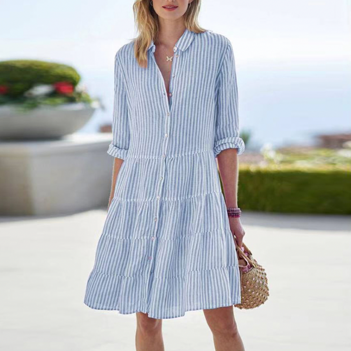Womens Button-Down Midi Dress with Front Closure for Summer Wear