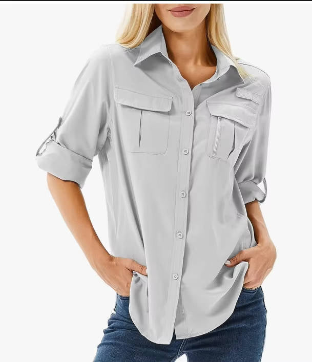Womens UPF 50 Long Sleeve Shirt with Convertible Sleeves and Mesh Back, Hiking Fishing