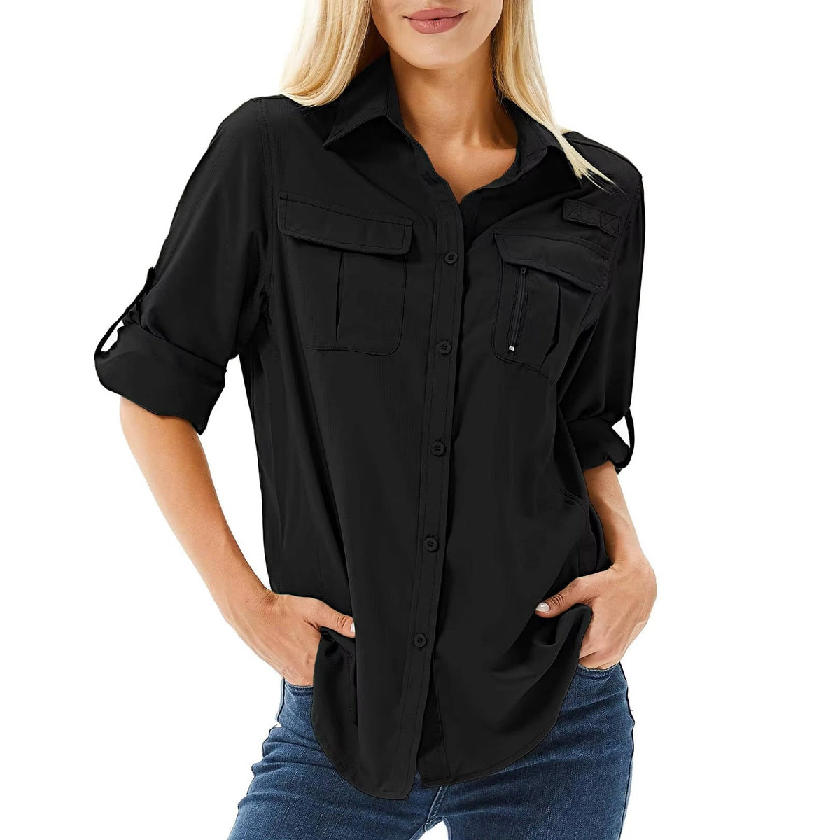 Womens UPF 50 Long Sleeve Shirt with Convertible Sleeves and Mesh Back, Hiking Fishing