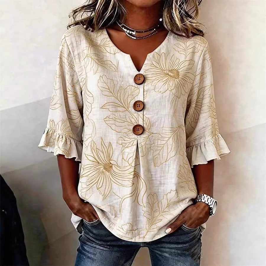 Womens Floral Print Linen Blouse, Vintage V Neck Sleeve Shirt, Casual Ruffle Cuff Button Down Tops