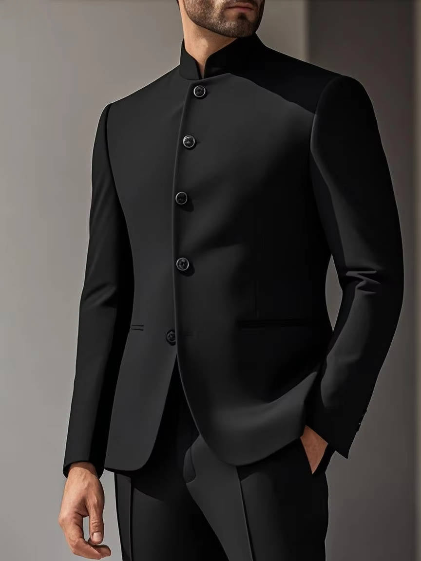 Mens Slim Fit Formal Suit with High Nehru Collar and Polyester Viscose Blend