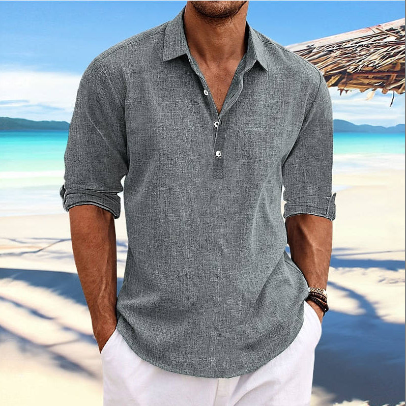 Mens Casual Cotton Shirt, Long Sleeve Pullover Beach Shirt, Lightweight Summer Vacation Style